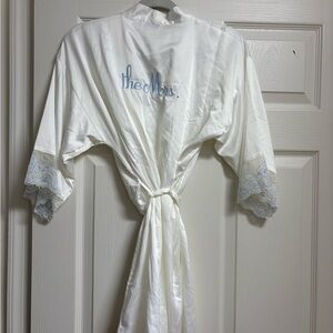 In Bloom "the Mrs." Satin Bridal Robe in White with Light Blue Lace Trim